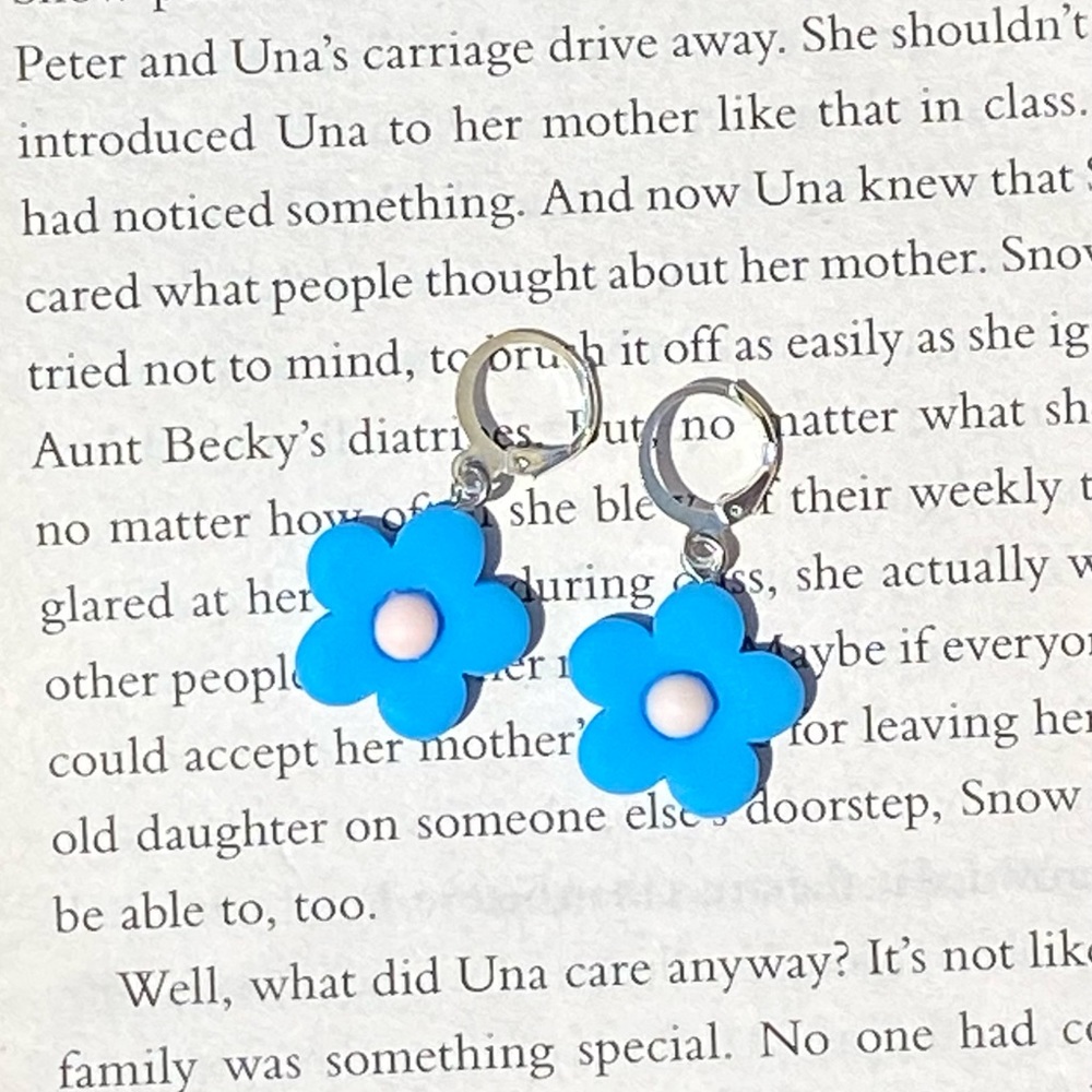 Blue flower silver hoop dangle earrings